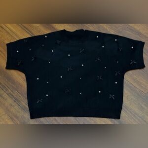 Black Bow & Faux Pearl Embellished Short Sleeve Knit Sweater - Large